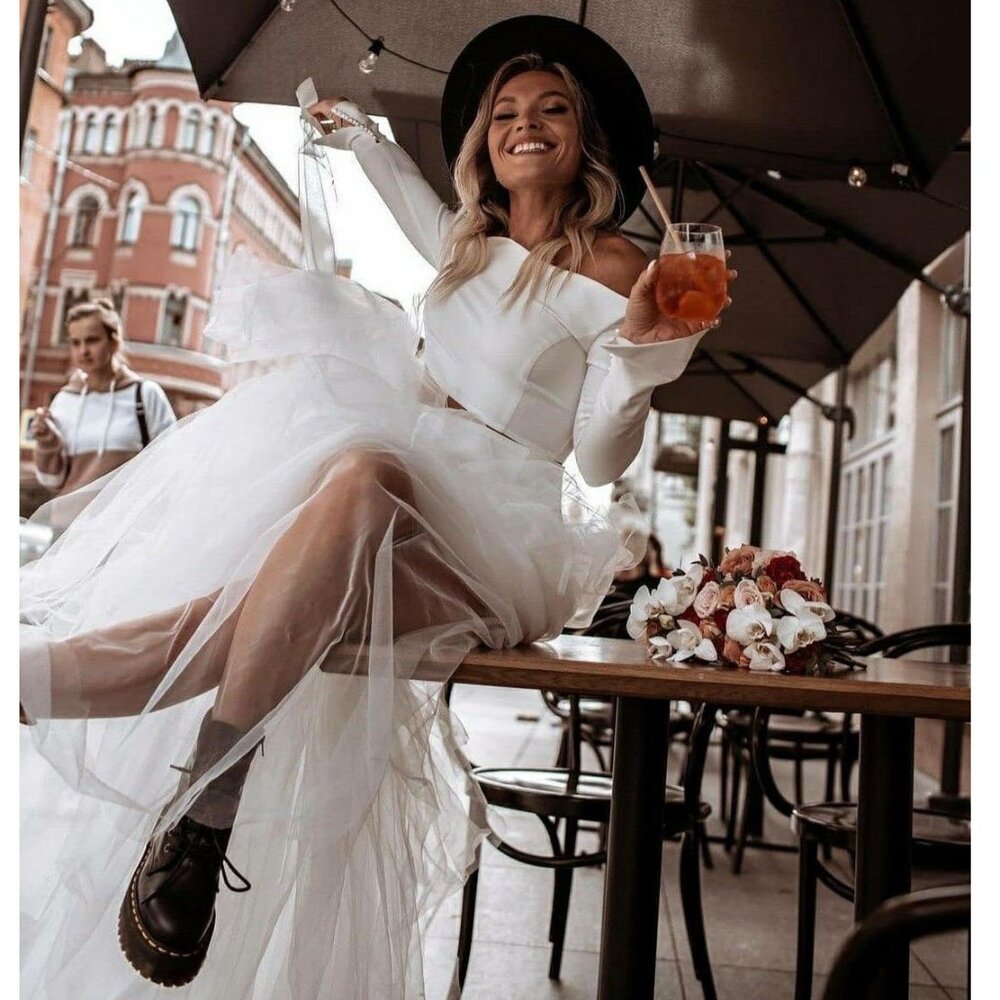 💋BOMBSHELL!💋 GRACIA WHITE HIGH-LOW LAYERED RUFFLED PLEATED TULLE & MESH SKIRT - Picture 3 of 16